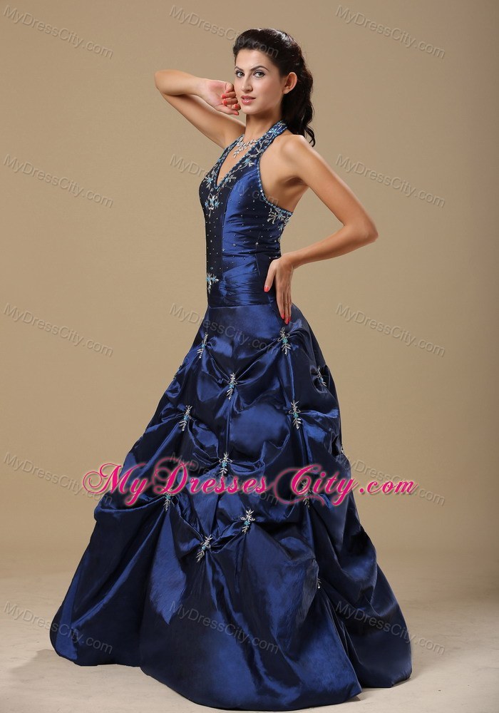 Appliques Decorate Halter Navy Blue Prom Dress With Beading