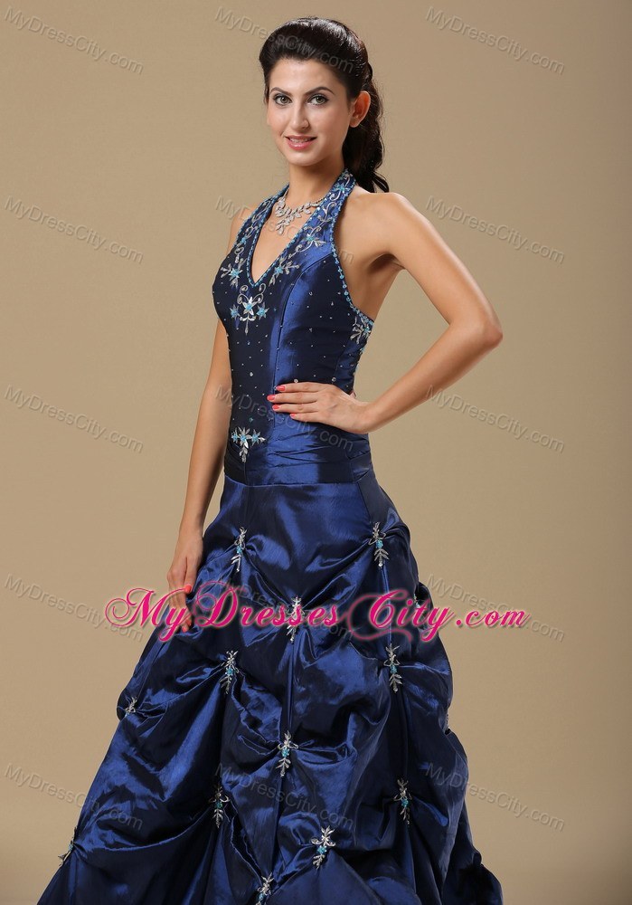 Appliques Decorate Halter Navy Blue Prom Dress With Beading