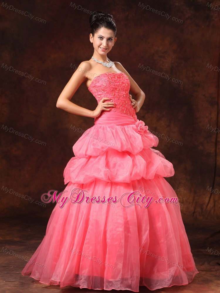 Hand Flowers And Appliques Watermelon Dress for Strapless Prom