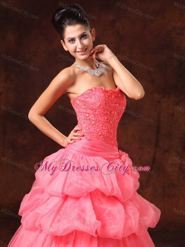 Hand Flowers And Appliques Watermelon Dress for Strapless Prom