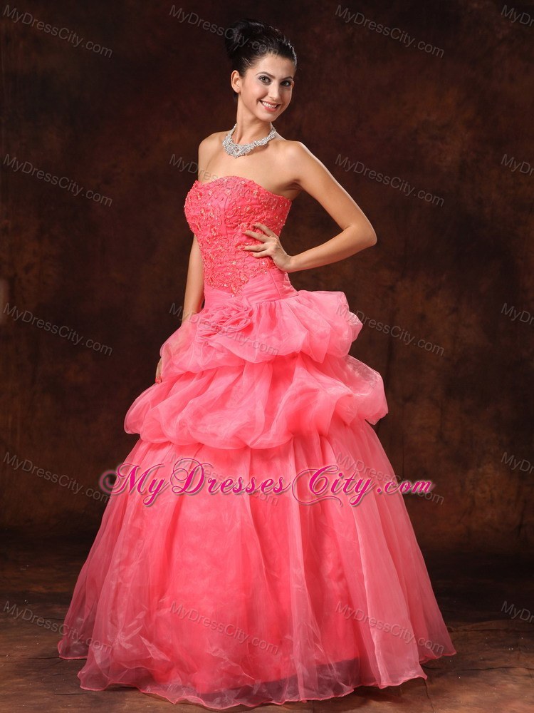 Hand Flowers And Appliques Watermelon Dress for Strapless Prom