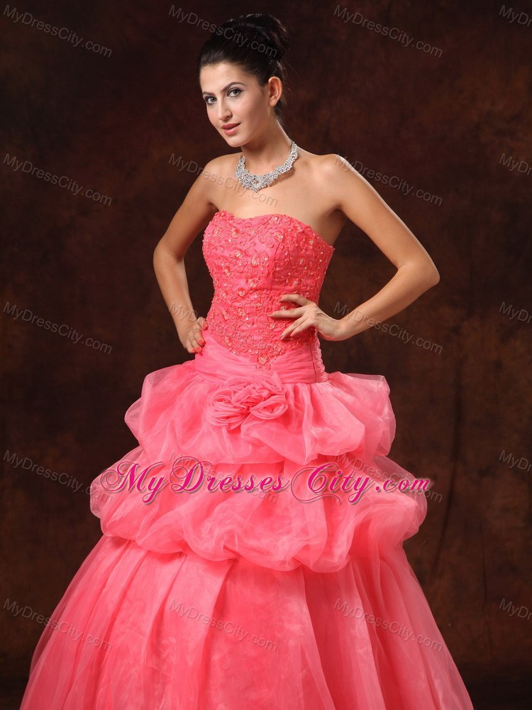 Hand Flowers And Appliques Watermelon Dress for Strapless Prom