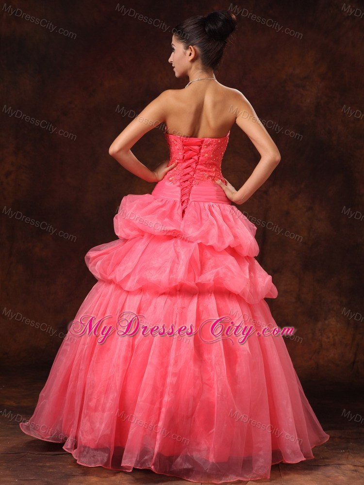 Hand Flowers And Appliques Watermelon Dress for Strapless Prom