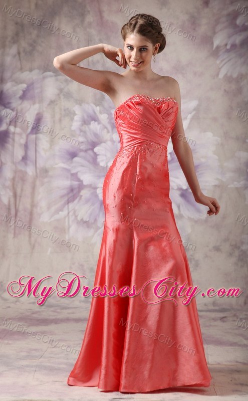 Beading Sweetheart Column Taffeta Ruche Prom Dress Coral Red