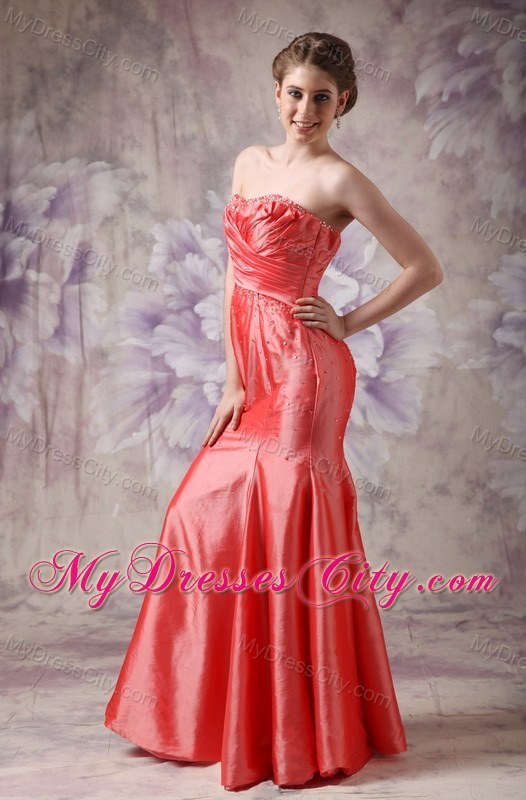 Beading Sweetheart Column Taffeta Ruche Prom Dress Coral Red