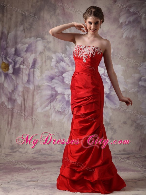 Red Column Strapless Prom Dress Taffeta Beading Floor-length