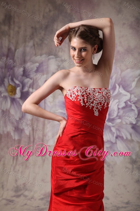 Red Column Strapless Prom Dress Taffeta Beading Floor-length