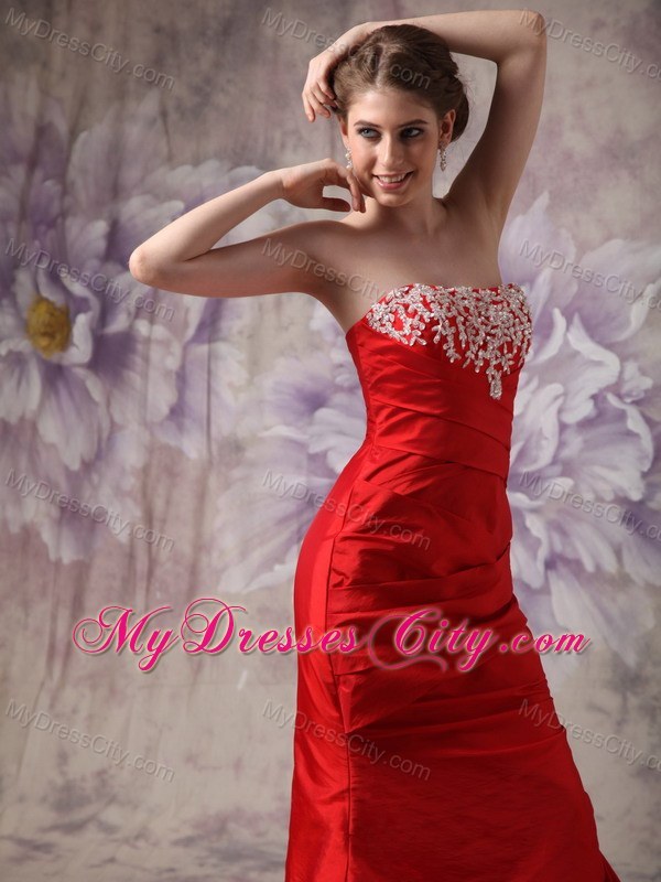 Red Column Strapless Prom Dress Taffeta Beading Floor-length