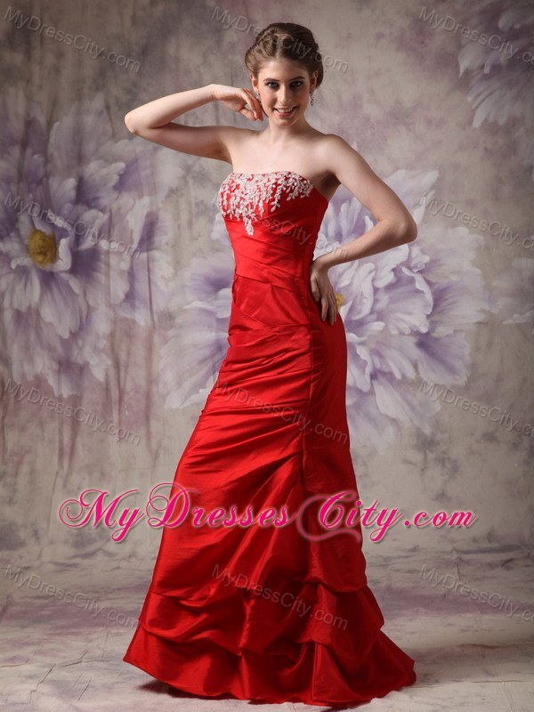 Red Column Strapless Prom Dress Taffeta Beading Floor-length