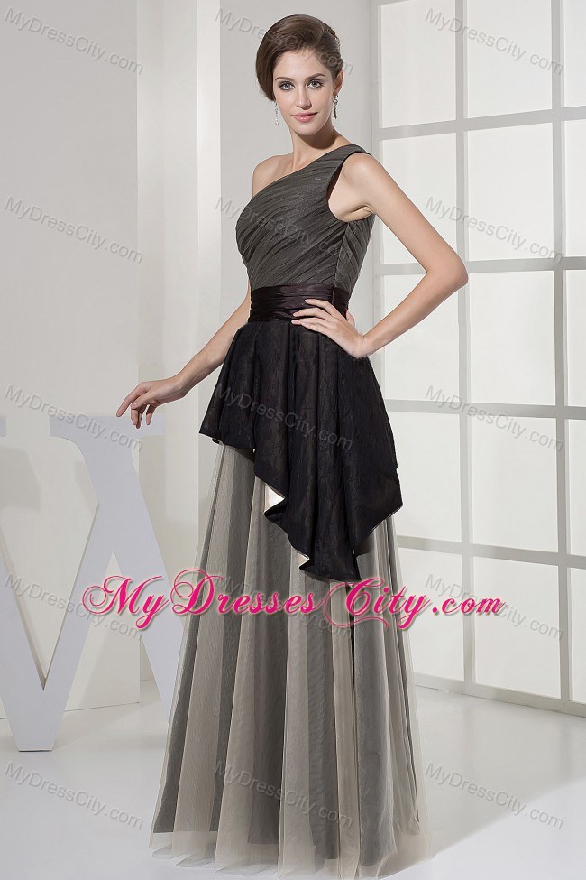 Ruching One Shoulder For Grey Prom Dress With Sash Floor-length