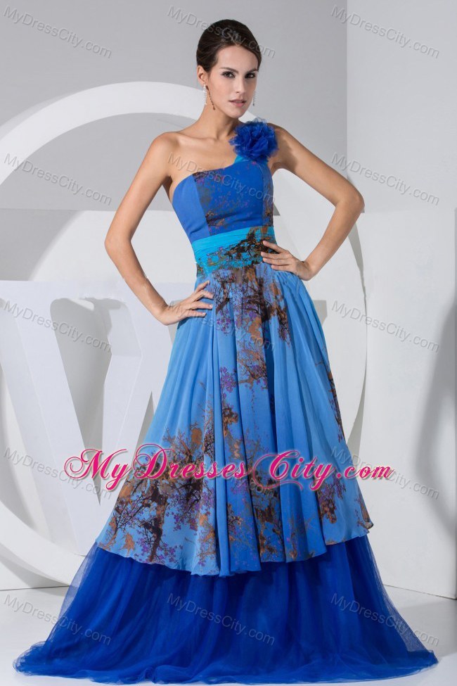 Hand Flowers Decorate One Shoulder Prom dress Printing Blue