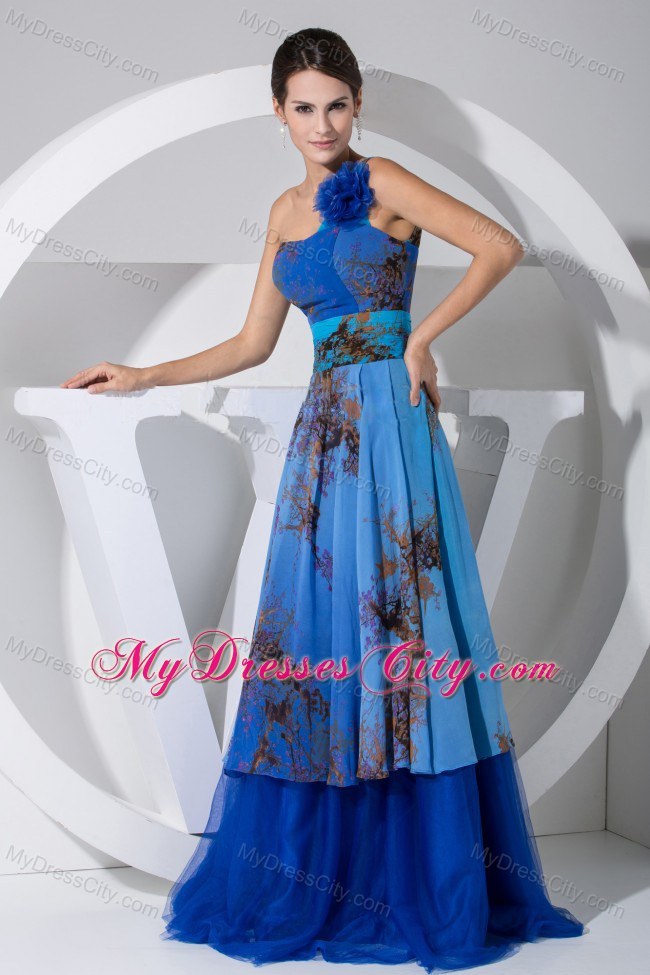 Hand Flowers Decorate One Shoulder Prom dress Printing Blue