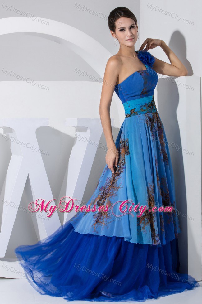 Hand Flowers Decorate One Shoulder Prom dress Printing Blue