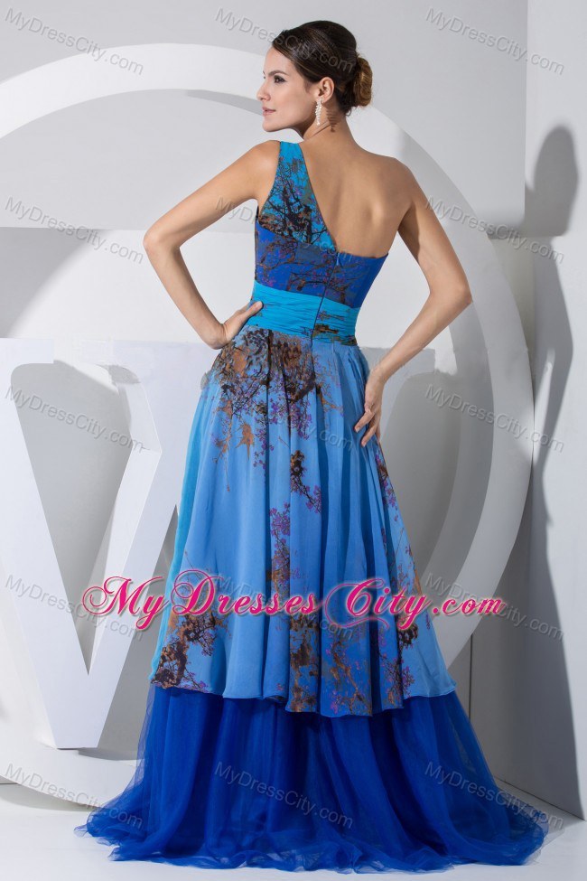 Hand Flowers Decorate One Shoulder Prom dress Printing Blue