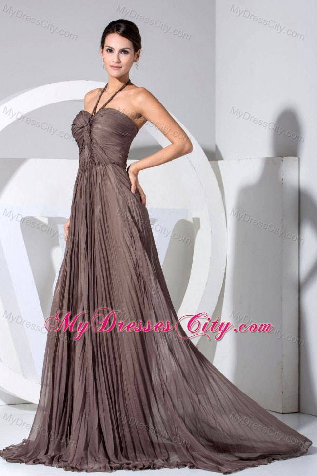 Halter Pleat Bodice Brown Chiffon Prom Dress with Brush Train