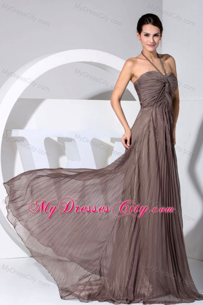 Halter Pleat Bodice Brown Chiffon Prom Dress with Brush Train