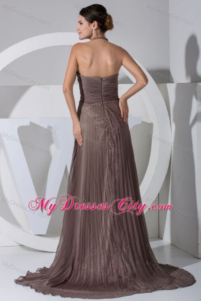 Halter Pleat Bodice Brown Chiffon Prom Dress with Brush Train