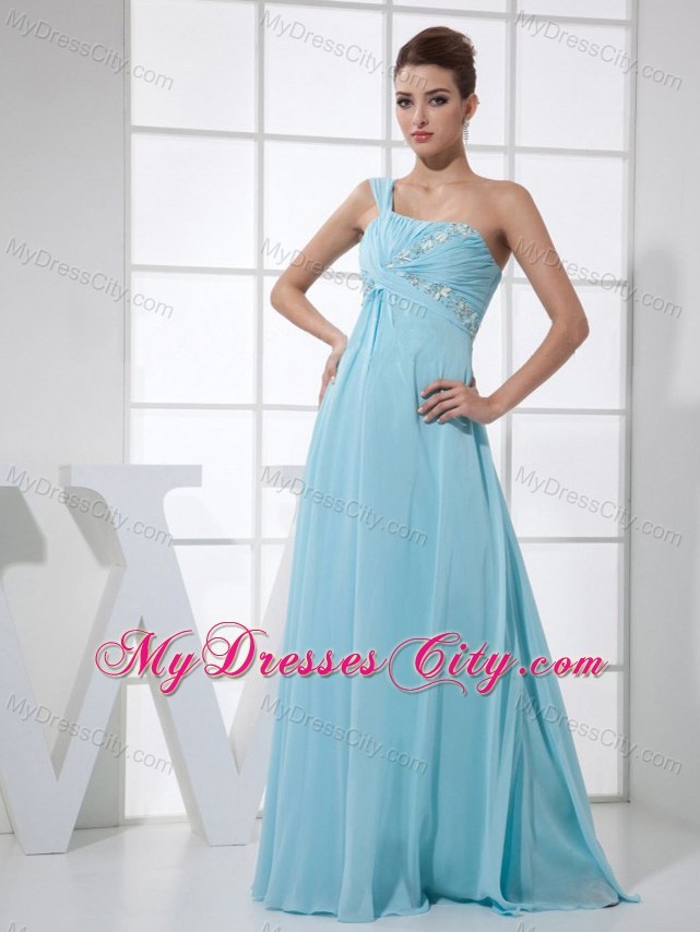 One Shoulder Light Blue Empire Prom Dress with Beading