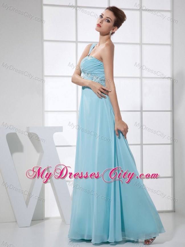 One Shoulder Light Blue Empire Prom Dress with Beading