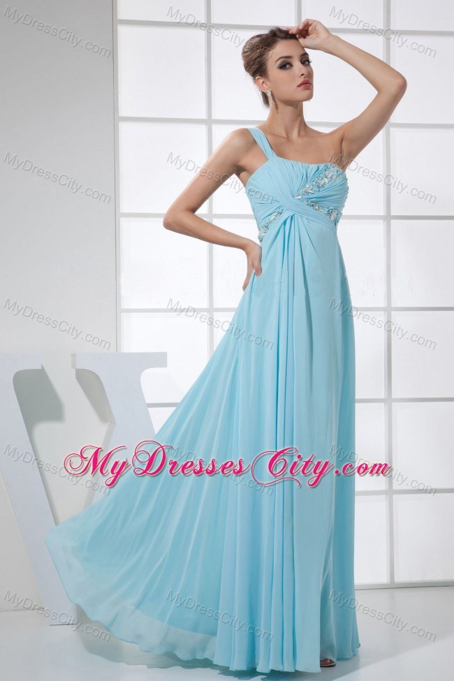 One Shoulder Light Blue Empire Prom Dress with Beading