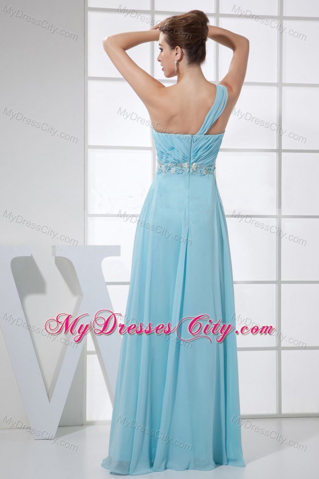 One Shoulder Light Blue Empire Prom Dress with Beading