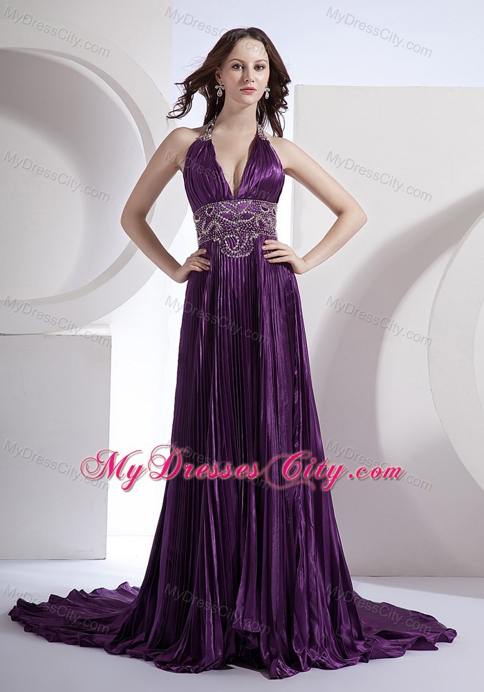 Halter A-line Beading Bodice Purple Prom Dress with Brush Train