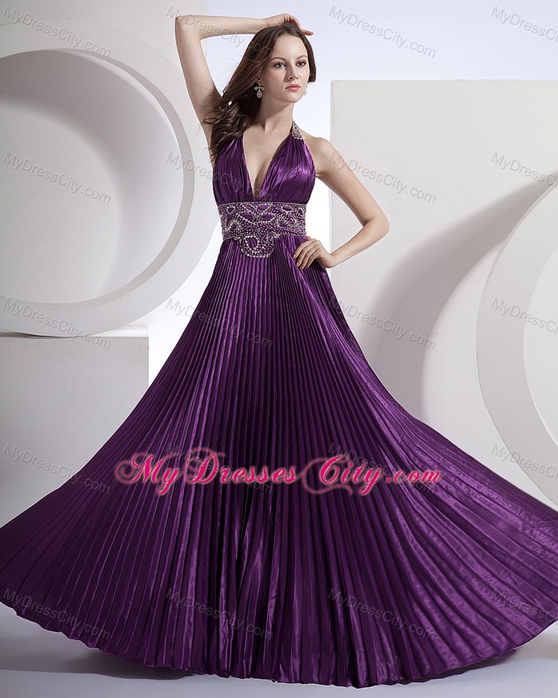 Halter A-line Beading Bodice Purple Prom Dress with Brush Train