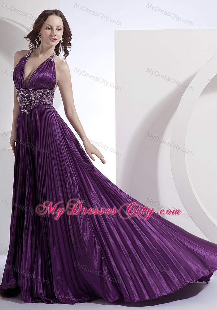 Halter A-line Beading Bodice Purple Prom Dress with Brush Train