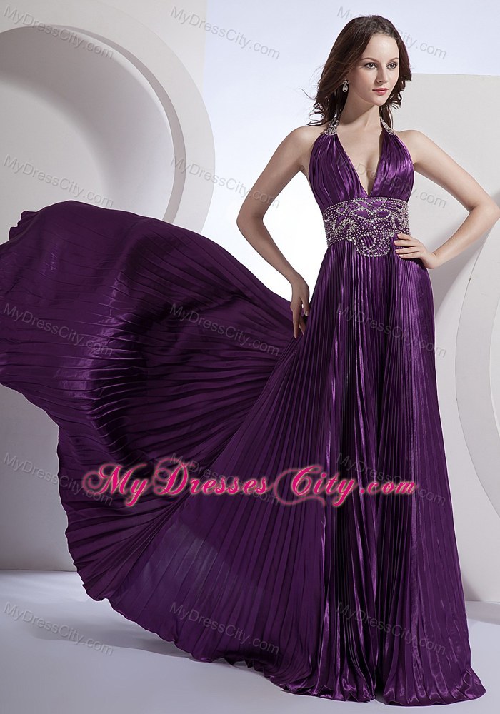 Halter A-line Beading Bodice Purple Prom Dress with Brush Train