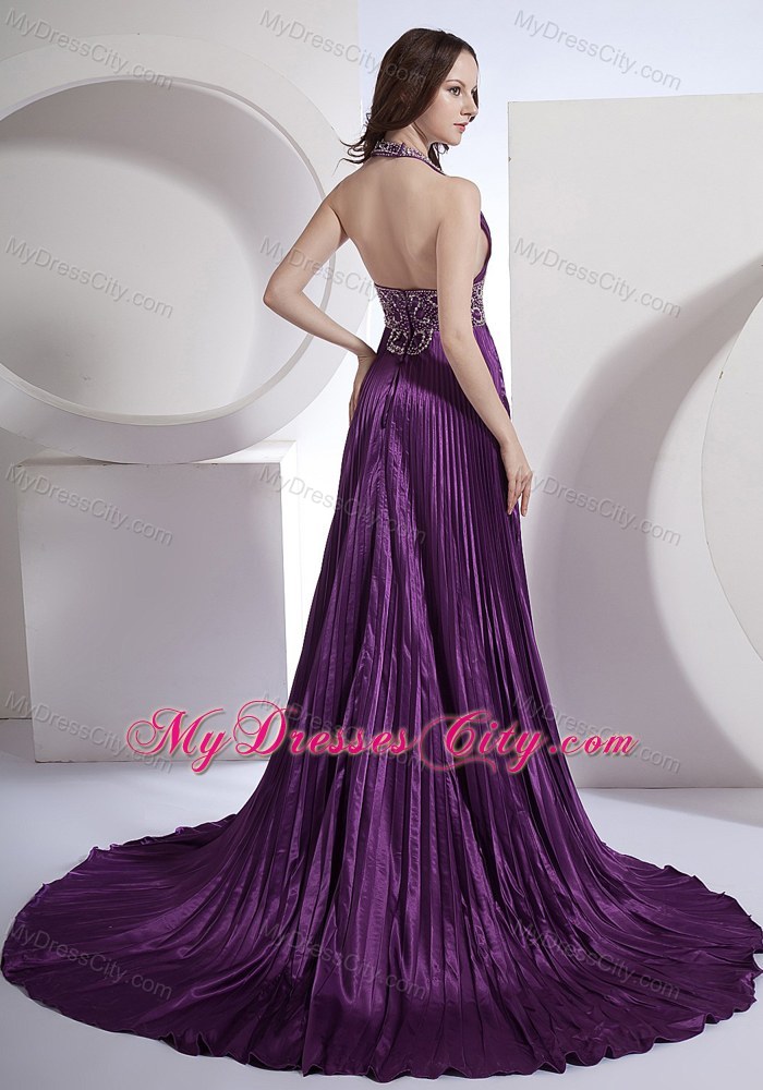 Halter A-line Beading Bodice Purple Prom Dress with Brush Train