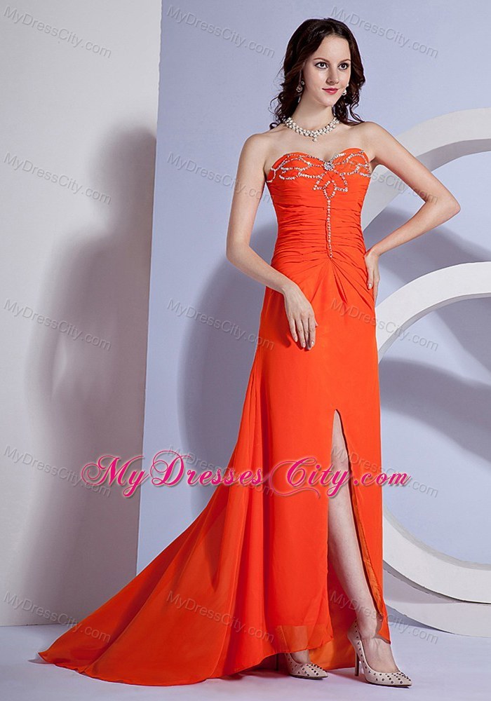 Beaded Bust Orange Red High Slit with Brush Train Prom Dress