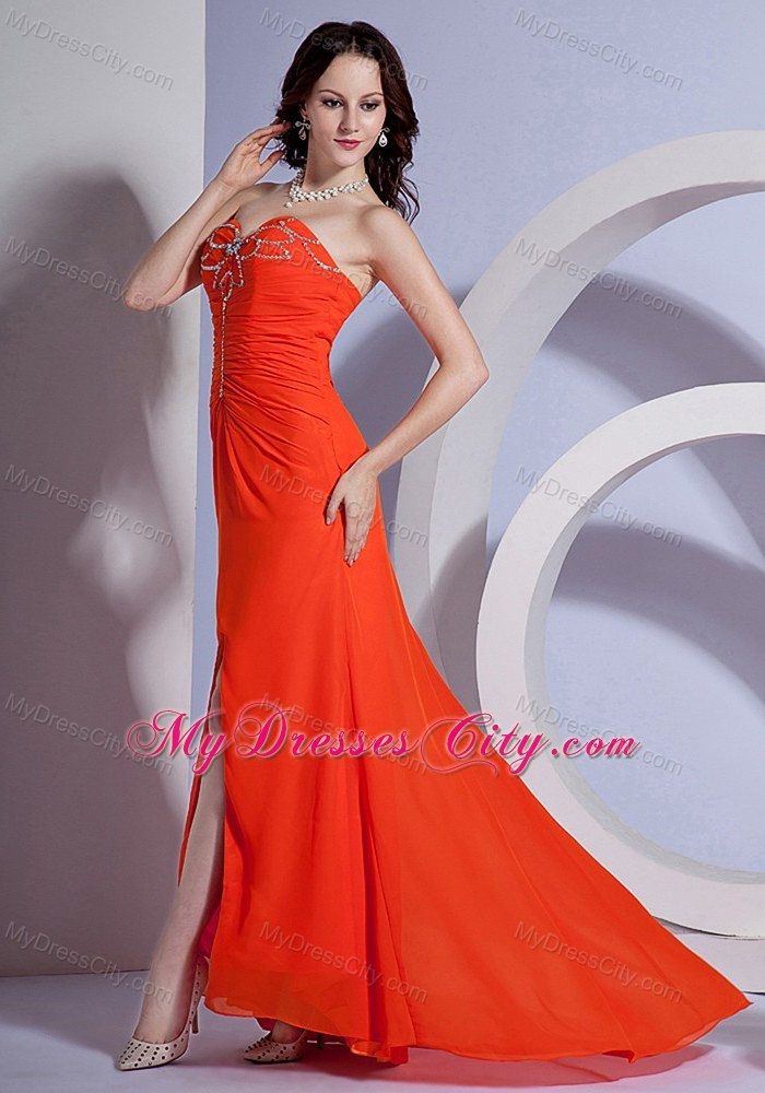 Beaded Bust Orange Red High Slit with Brush Train Prom Dress