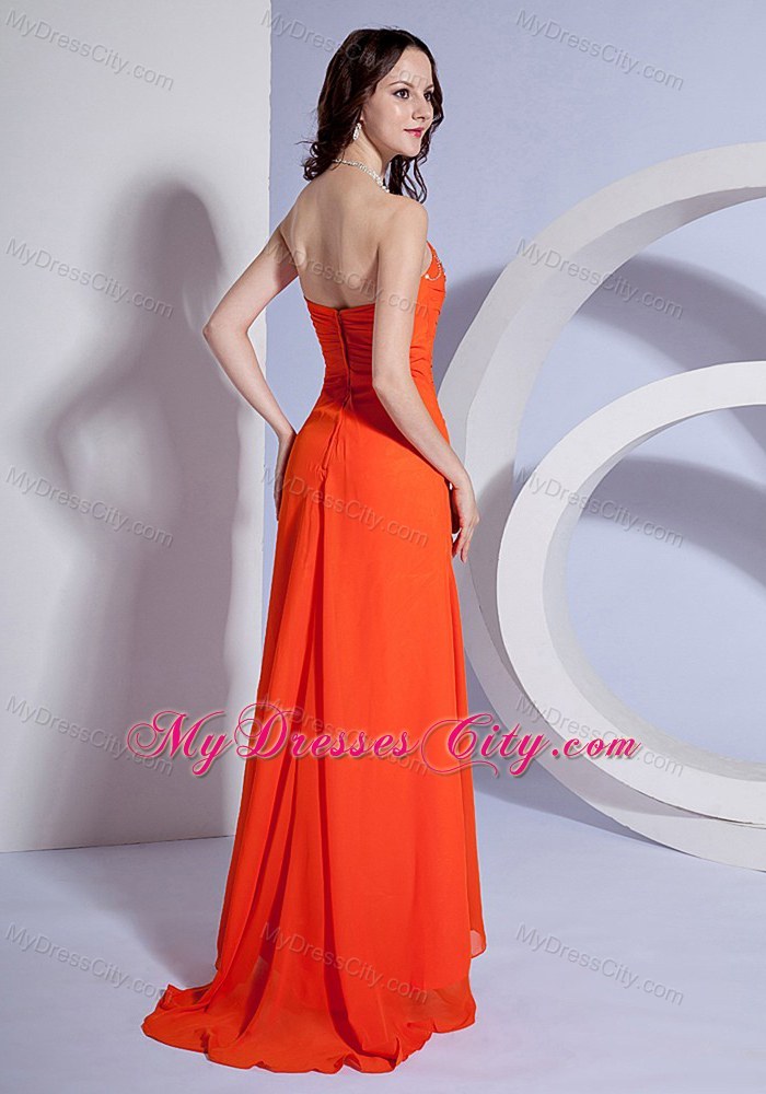 Beaded Bust Orange Red High Slit with Brush Train Prom Dress