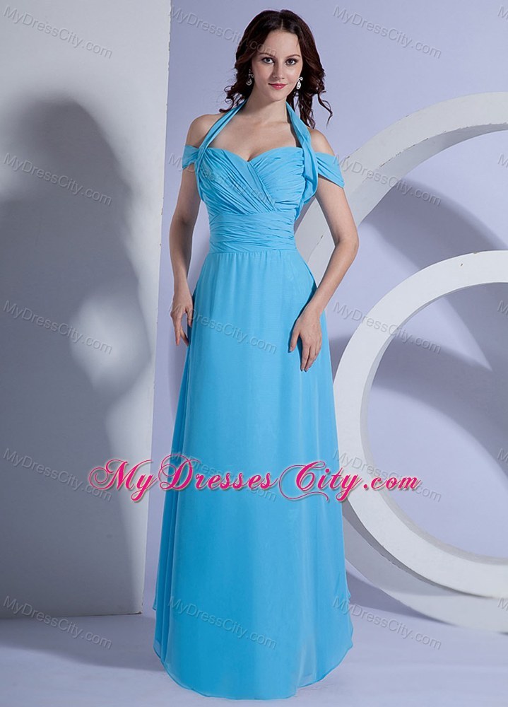 Ruching Halter Bodice Prom Dress Aqua Blue Chiffon Floor-length