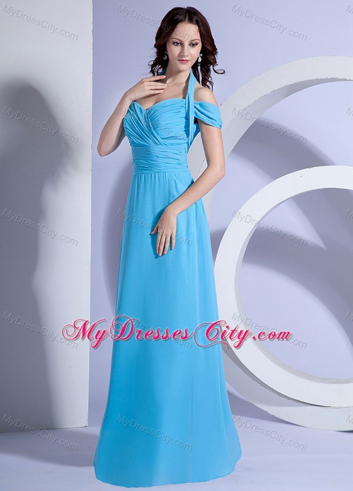 Ruching Halter Bodice Prom Dress Aqua Blue Chiffon Floor-length