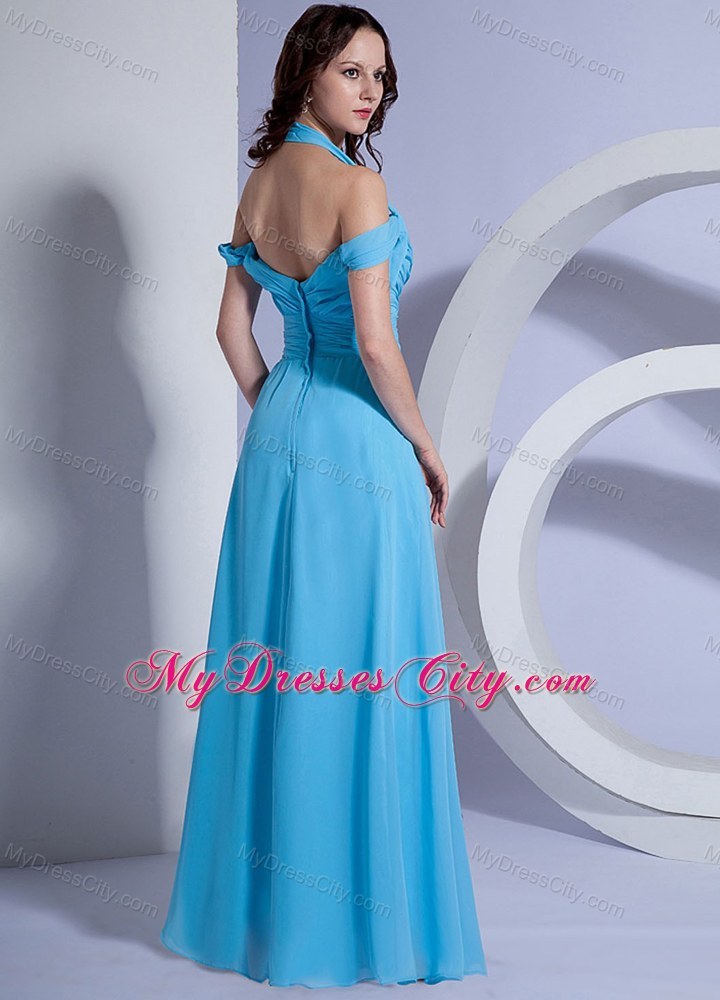 Ruching Halter Bodice Prom Dress Aqua Blue Chiffon Floor-length