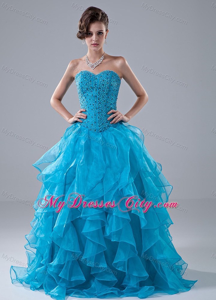 Beading Sweetheart A-Line Ruffles Blue Floor-length Prom Dress