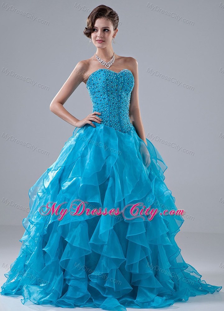 Beading Sweetheart A-Line Ruffles Blue Floor-length Prom Dress