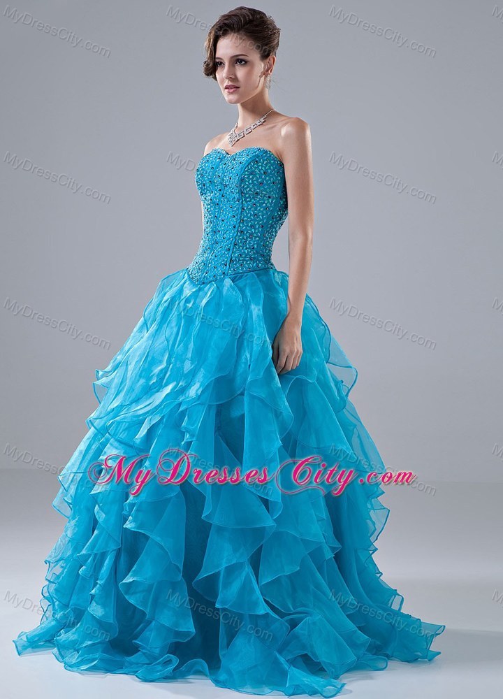 Beading Sweetheart A-Line Ruffles Blue Floor-length Prom Dress