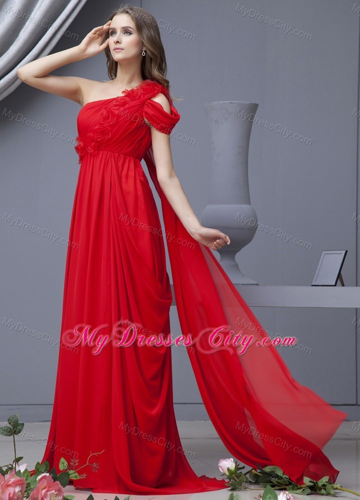 Red Hand Flower Prom Dress Watteau Train Chiffon With One Shoulder