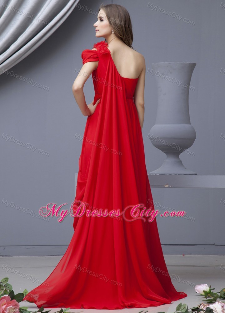 Red Hand Flower Prom Dress Watteau Train Chiffon With One Shoulder