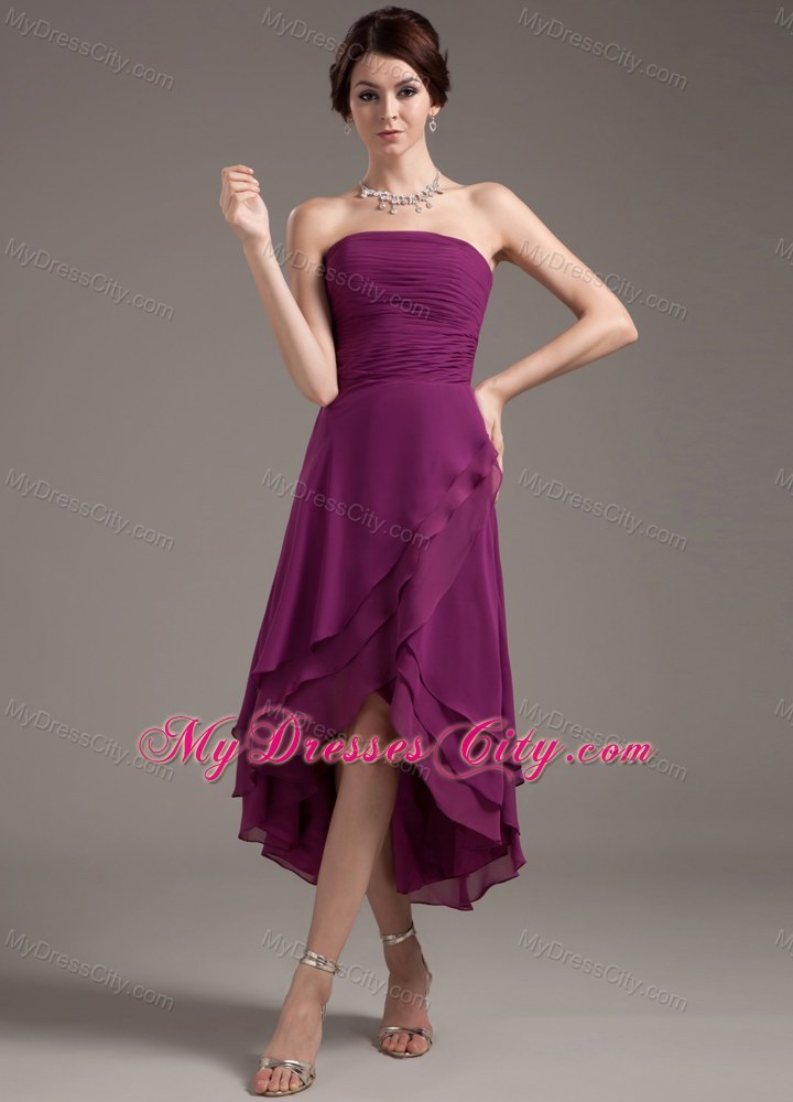 High-low Dark Purple Strapless Asymmetrical Hemline Dress for Prom