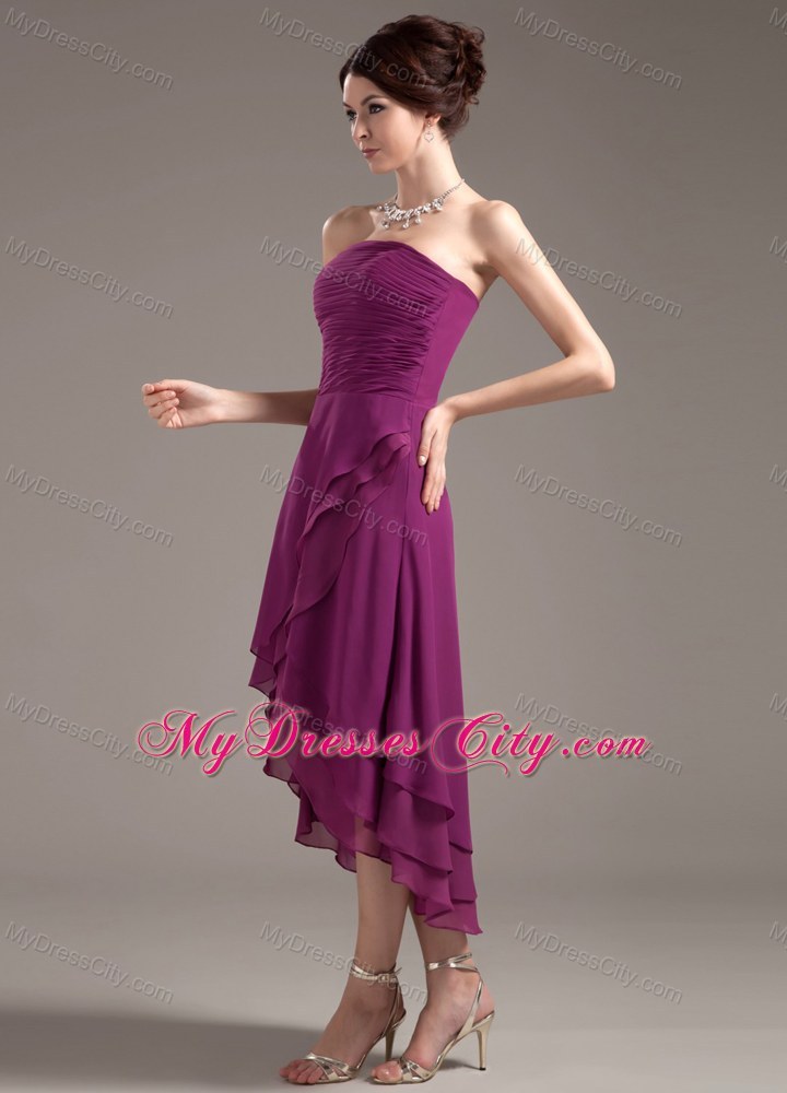 High-low Dark Purple Strapless Asymmetrical Hemline Dress for Prom