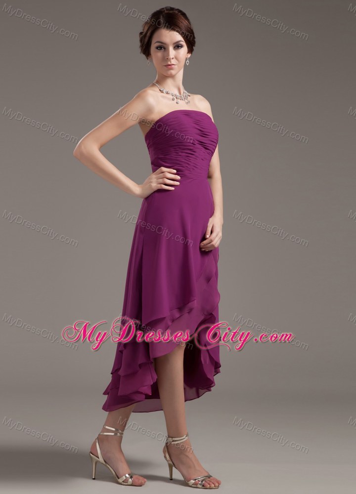 High-low Dark Purple Strapless Asymmetrical Hemline Dress for Prom