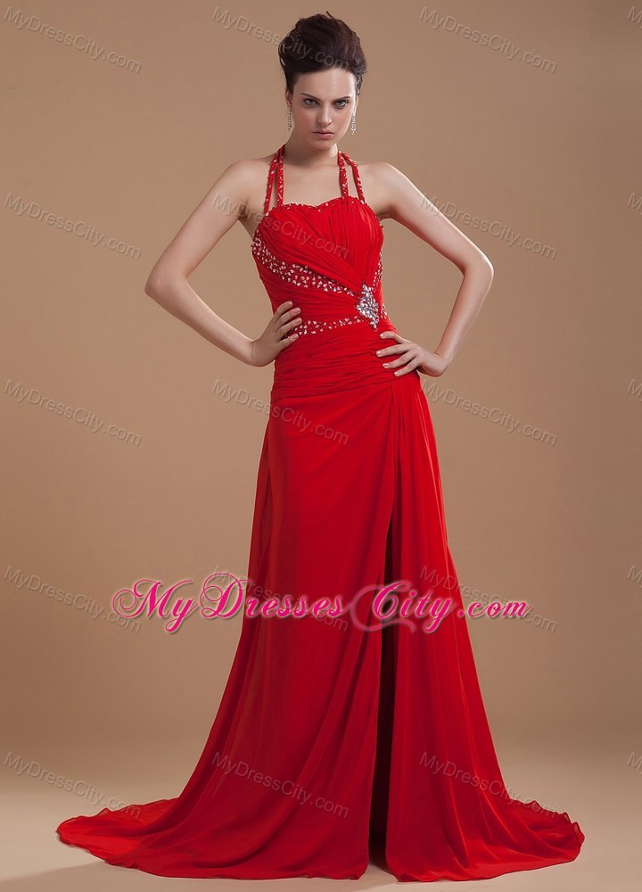 Halter Beading Bodice High Slit Red Chiffon Brush Train Prom Dress