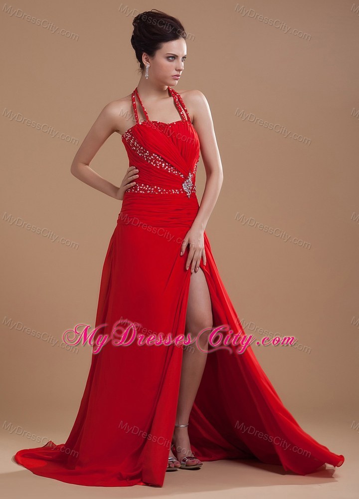 Halter Beading Bodice High Slit Red Chiffon Brush Train Prom Dress