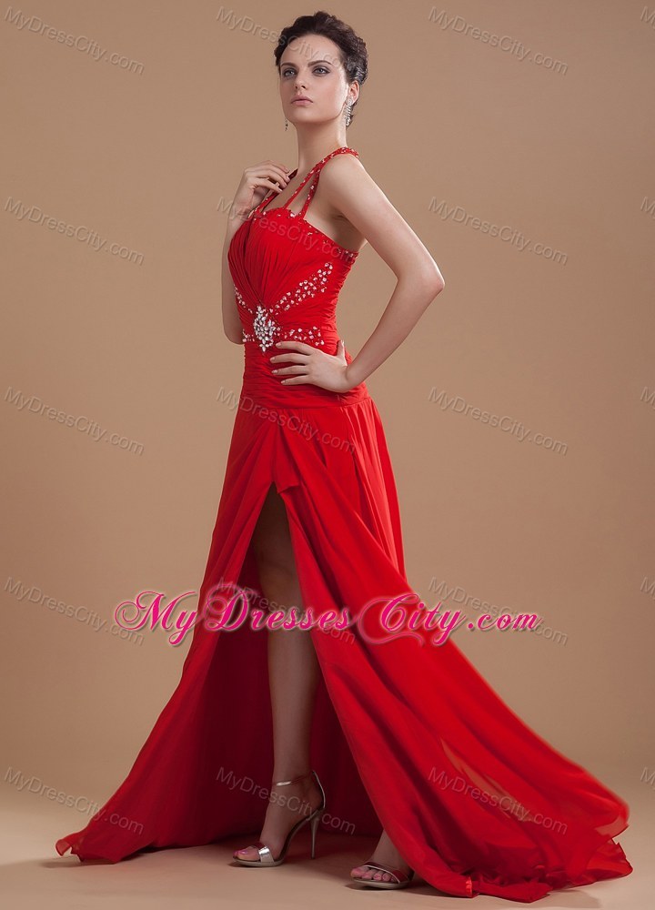 Halter Beading Bodice High Slit Red Chiffon Brush Train Prom Dress