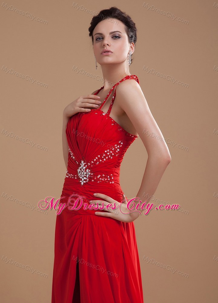 Halter Beading Bodice High Slit Red Chiffon Brush Train Prom Dress