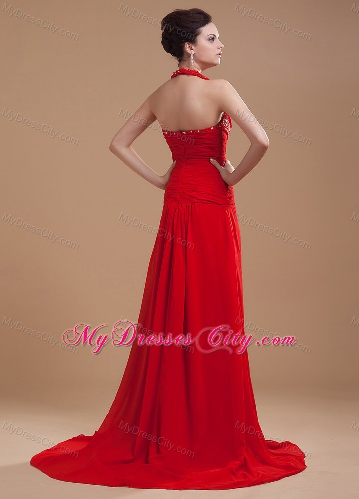 Halter Beading Bodice High Slit Red Chiffon Brush Train Prom Dress