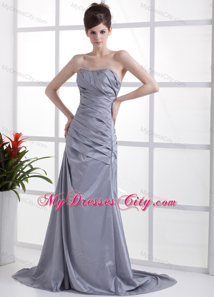 Beading Neckline Column Grey Taffeta Brush Train 2013 Prom Dress